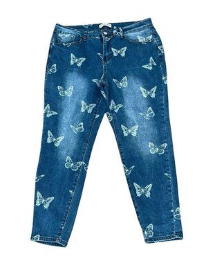 Revelation Women's Blue Butterfly Print Stretch Skinny Ankle Denim Jeans 16W